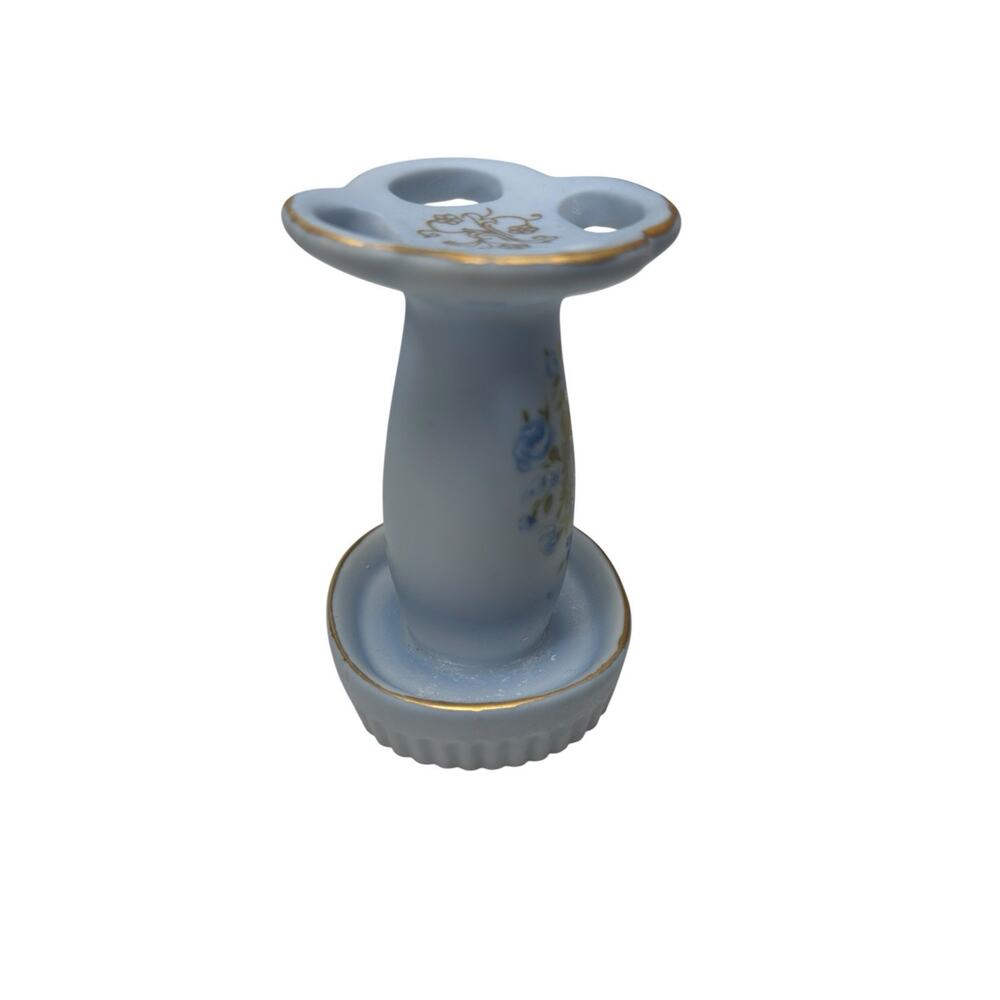 Vintage Porcelain Toothbrush Holder Blue Floral Gold Trim Cottagecore Bath - Picture 2 of 5